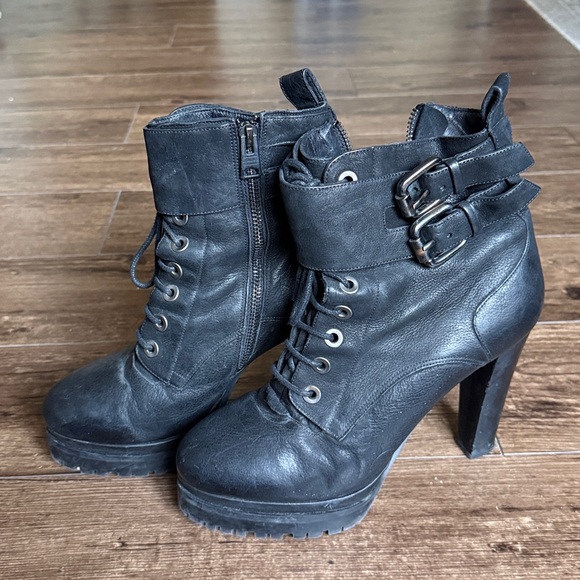 Allsaints Black Leather Heeled Lace Up Moto Ankle Boots - Picture 7 of 8